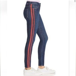 MOTHER High-Rise Dark Blue Skinny Jeans with Red Side Stripes